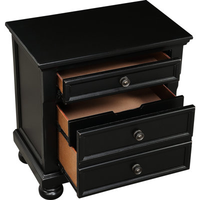 Table de chevet décontractée pour la chambre à coucher en noir, 2 tiroirs, compartiment caché, plateau doublé de feutre, table de chevet avec patins de roulement à finition noire, espace de rangement, plateau