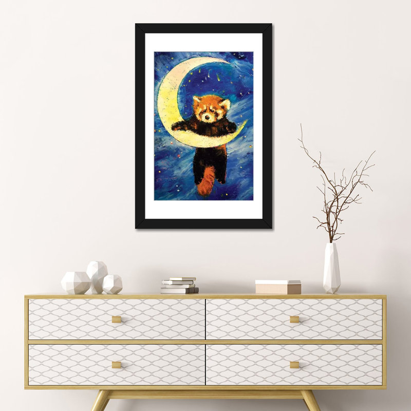 « red panda stars », peinture sur toile tendue, H 24 po x l 16 po x P 1 po, Papier d'art encadré noir, Blanc