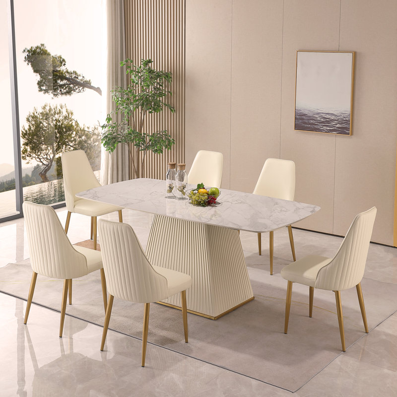 Table de salle à manger contemporaine 71 "avec base en piédestal en pierre frittée et 6 chaises.