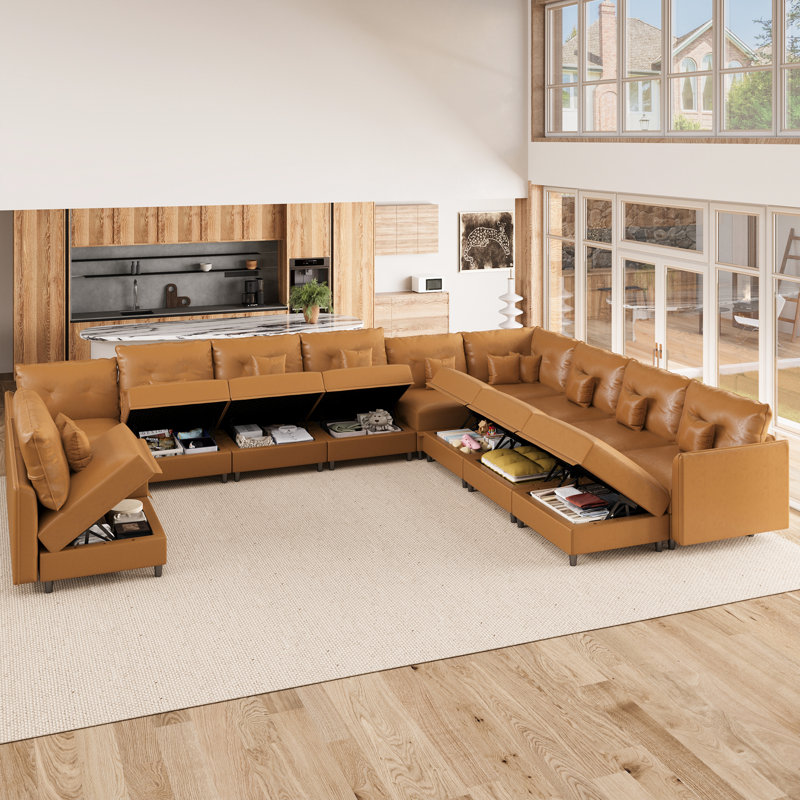 Canapé modulaire rembourré 14 pièces Zendajas, Brown Faux Leather