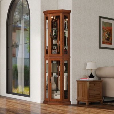 Corner Curio Cabinet with Lights, Adjustable Tempered Glass Shelves, Mirrored Back, Display Cabinet (E26 light bulb not included)