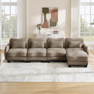 Oversize Chenille L-shaped 4-Seater Sofa , With 4 Exquisite Waist Pillows and 1 Movable Ottoman ,Ergonomic Curved Design, Easy to Assemble Modular Couch for Living Room Office,  Coffee