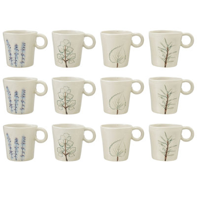 Tasses en grès peintes à la main avec motifs botaniques dans un glacis craquelé