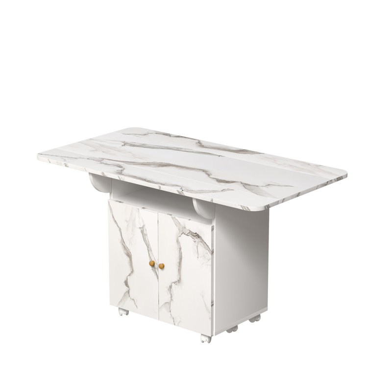 Table de salle à manger pliante peu encombrante de 47 po, texture marbre blanc, avec roulettes pour un rangement fluide et roulettes de 47 po, look, îlot de cuisine polyvalent, table basse, plus