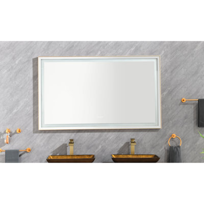 Miroir de salle de bain 96 po x 36 po avec brouillard, 3 modes de couleurs, gradation continue, fixation murale, cadre en aluminium, lumières dorées brossées de 96 à 36, pompe
