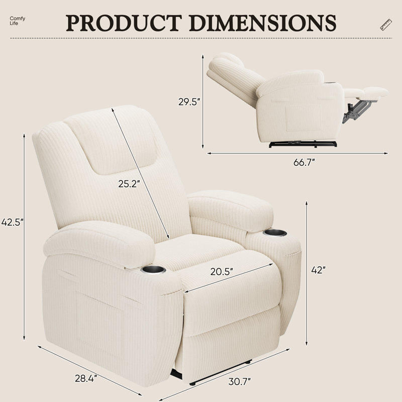 Fauteuil inclinable électrique avec massage Power Lift, Velours côtelé beige