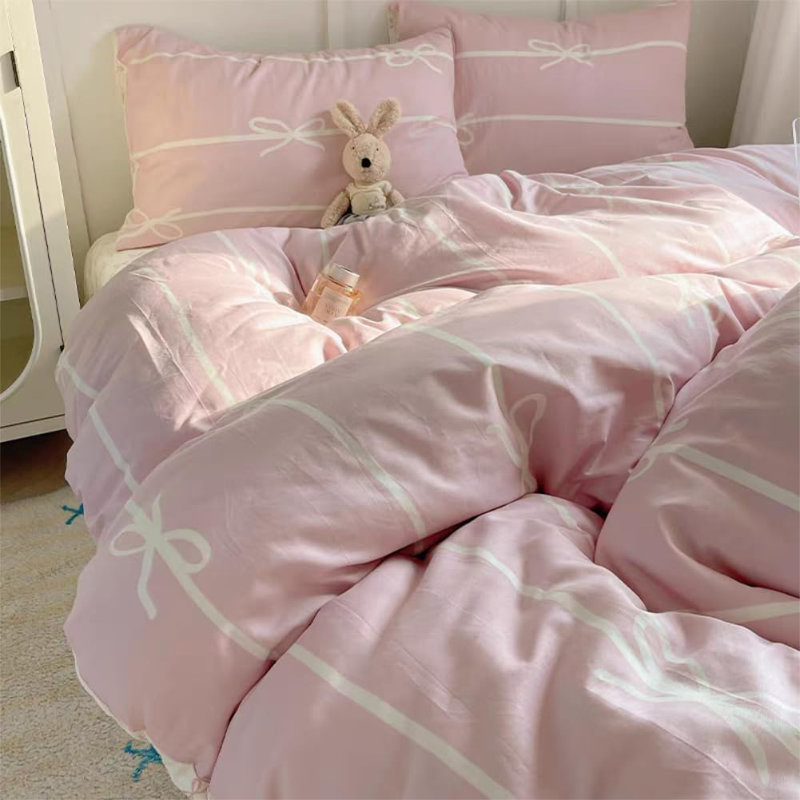 Striped Duvet Cover Pink Bow Stripes Bedding Set 3pcs Bowknot Comforter Cover With Zipper Closure Corner Ties