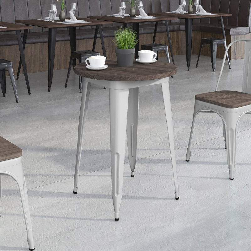 Dorset 30" Round Metal Indoor Table with Rustic Wood Top, 30.5" H x 24" L x 24" W, Silver