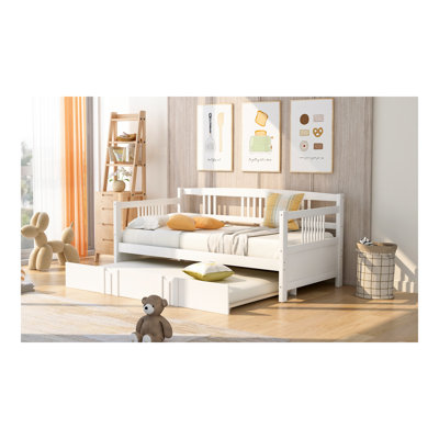 Twin Size Daybed Wood Bed With Twin Size Trundle,White