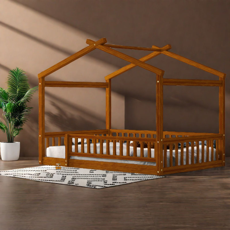 Lits robustes en bois, finition noyer, maisonnette moderne pour les enfants