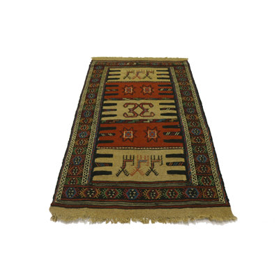 Tapis unique en laine noué à la main kilim et kaki Sumak de 3 pi 3 po x 6 pi Pasquino