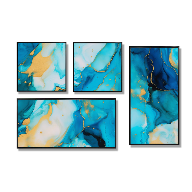 Turquoise luxueux, art fluide abstrait IV - bleu, impressions sur toile modernes 4 pièces, Noir