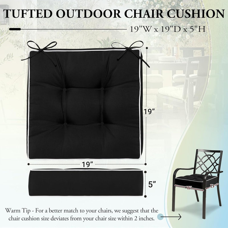 Outdoor Chair Cushions Set of 2, Patio Cushions for Outdoor Furniture.19" x 19", Black