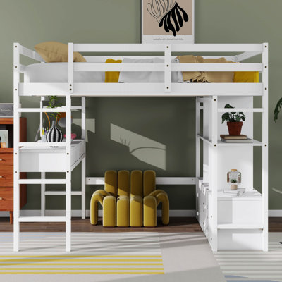 Full Size Loft Bed With Built-In Desk And 2 Drawers, Solid Wood Loft Bed With Storage Shelves, Guardrail And Built In Ladder