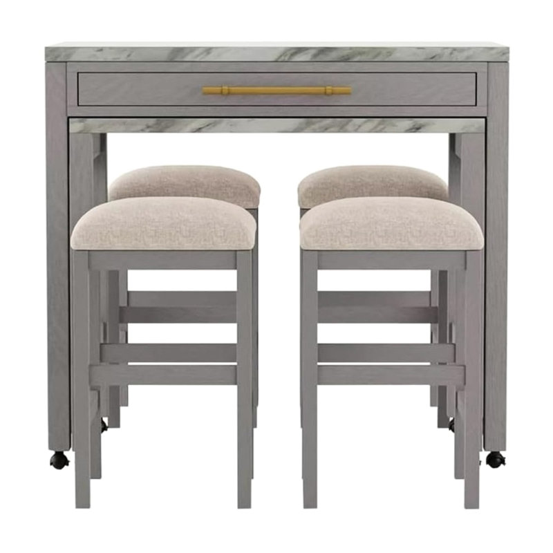 Table de salle à manger à hauteur de comptoir grise 5 pièces - comptoir en faux marbre, tiroir de rangement, 4 tabourets en tissu pour salle à manger rectangulaire et pratique