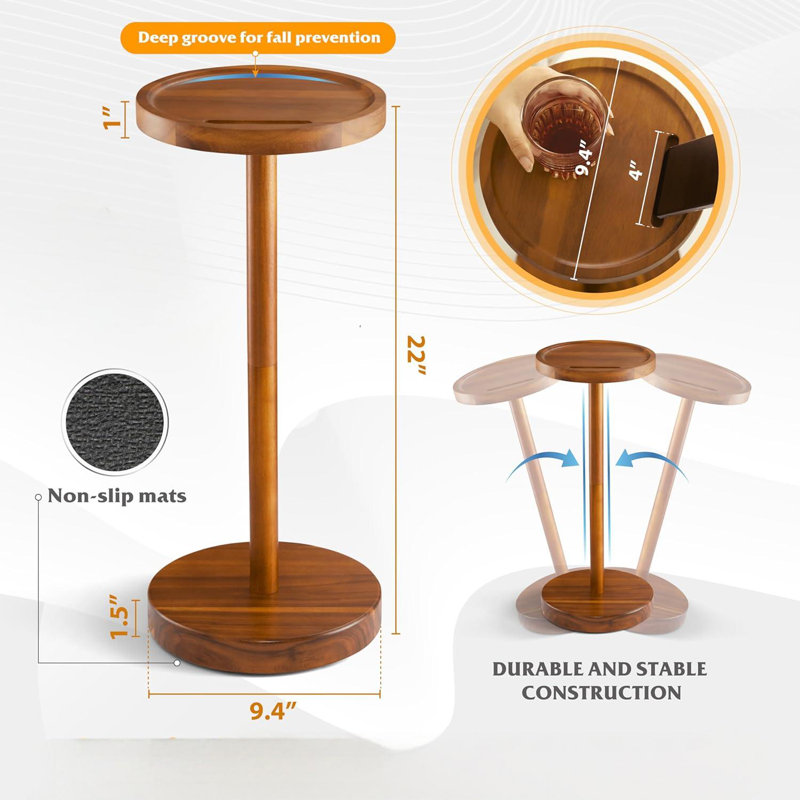 Table d'appoint à piédestal, table à boissons avec base lestée en acacia, petite table d'appoint ronde pour petits espaces avec support pour téléphone, table de bout à piédestal pour martini et cocktail, mini table à piédestal