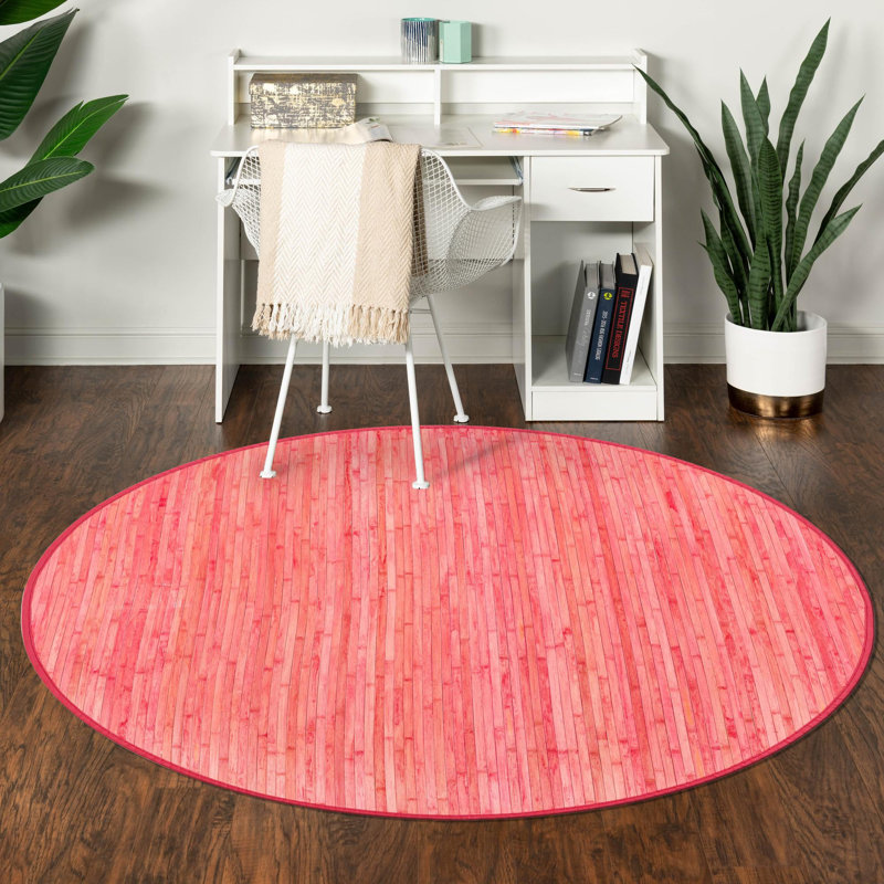 Tapis uni / rayé de couleur rose-rouge Bedford, Rond 5 pi 3 po