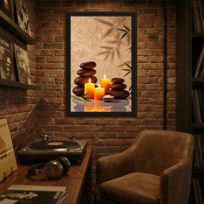 Bath and Laundry Calm Stones Candles Bamboo Leaves Reflection