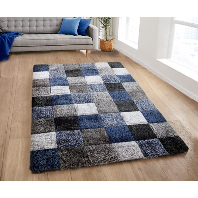 Shaggy Blocks High Pile Rug - Navy