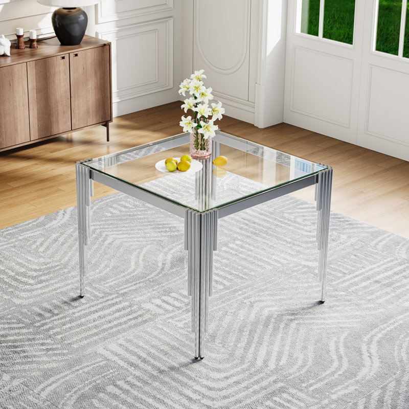 4 - Person Square Glass Top Dining Set, Clear, Silver, Black/Silver