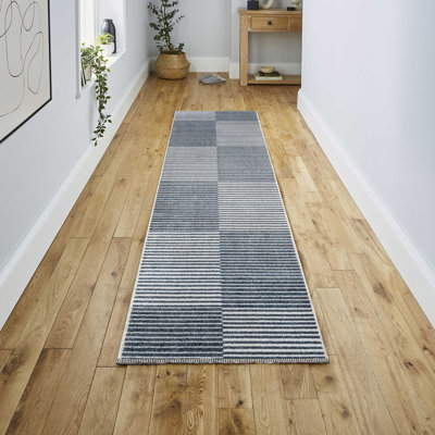 Kentarius Minimalist Striped Plaid Machine-Washable Dark Grey/Cream Rug
