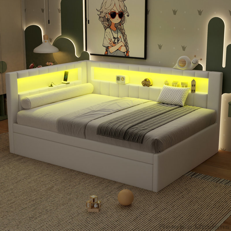 Upholstered Platform Bed with USB Ports and LED Belt, With Trundle, White