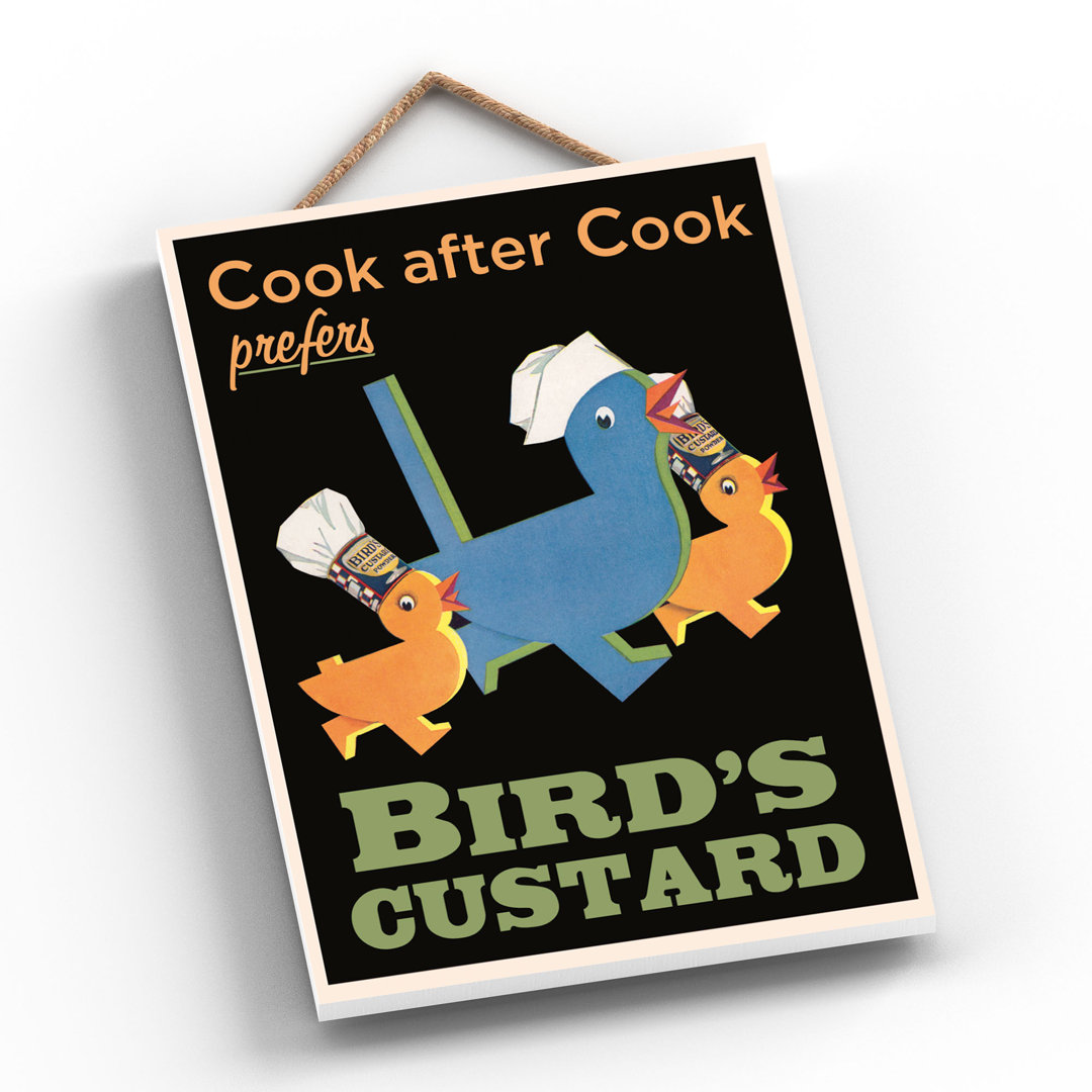 Birds Custard Vintage Retro Poster Design On Wooden Plaque
