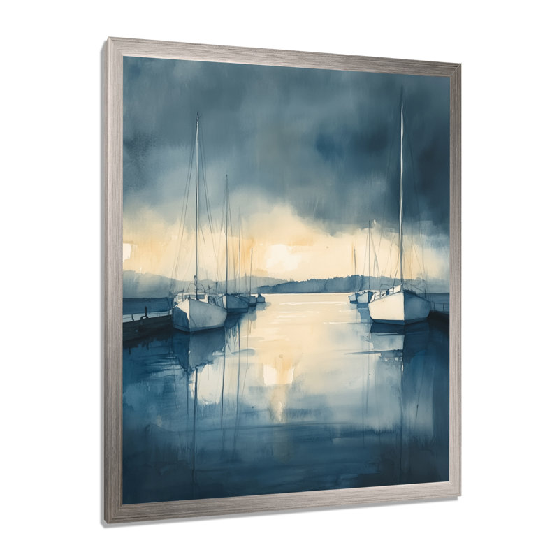 Voiliers à l'heure dorée - Tableau encadré sur toile représentant un port, H 40 po x l 30 po, Cadre photo argenté