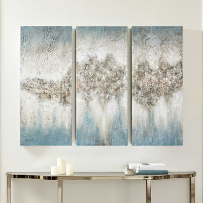 Heavily Textured Wall Decor, Blue Grey Abstract With Rock Detail, 15"w X 35"h, For Indoor Spaces And Canvas Art, 3 Heavy Texturing