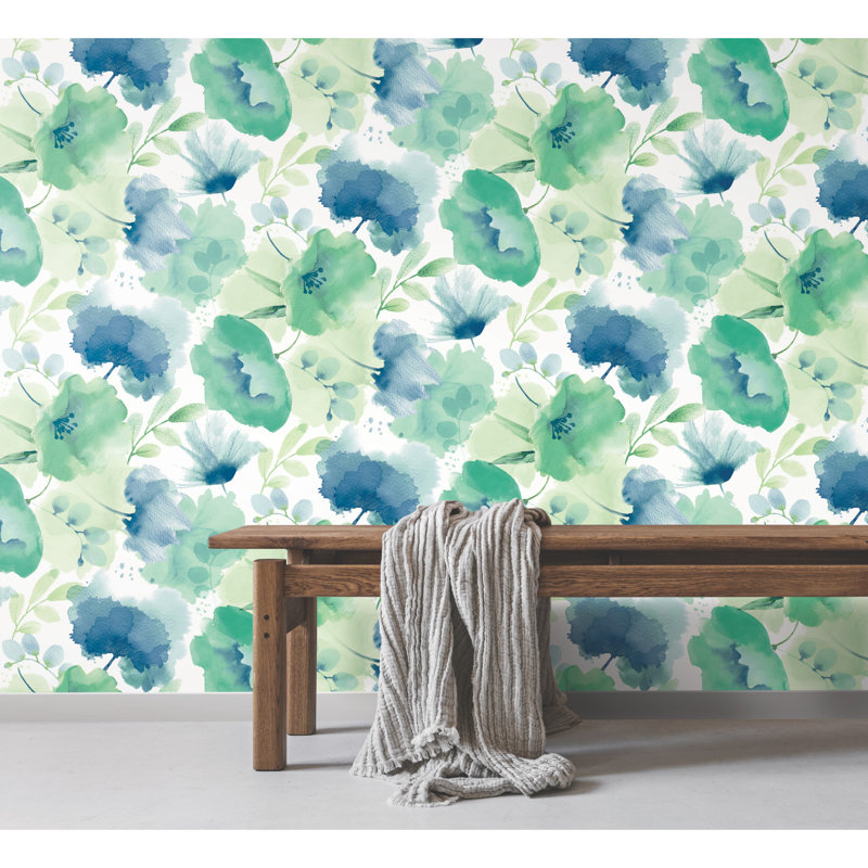 Rouleau de papier peint L 33 pi x l 20,5 po Watercolor Bouquet, Bleu et vert