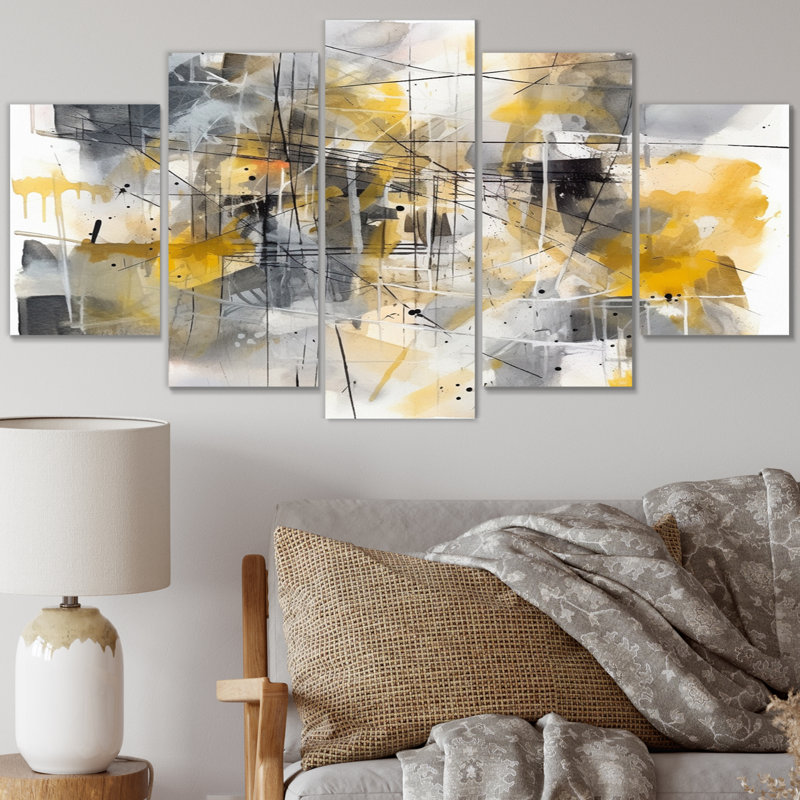 Jaune et gris au-delà de la toile I - reproduction sur toile abstraite - 5 panneaux