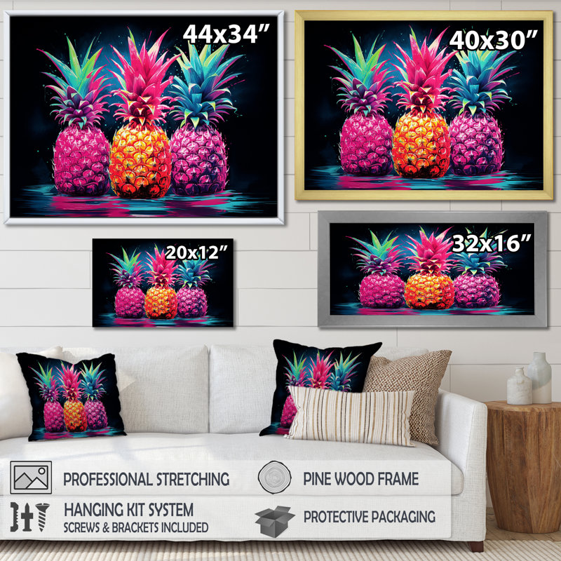 Nectar néon ananas IV sur toile, Cadre photo noir simple, H 24 po x l 32 po x P 1 po