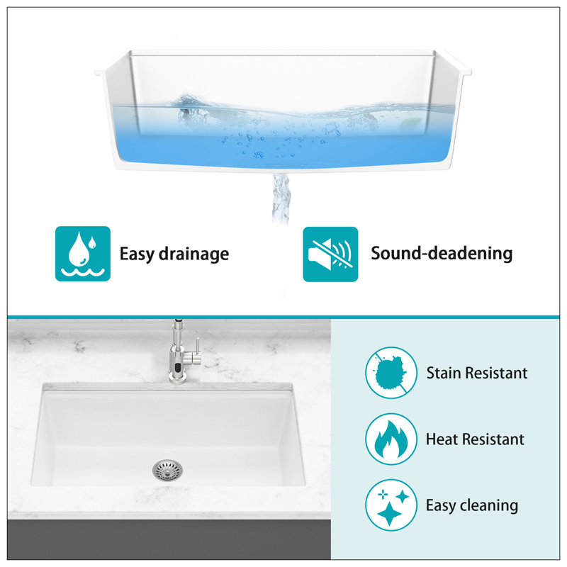 Quartz Kitchen Sink - 33X19" Granite Composite Workstation Undermount Kitchen Sink, White