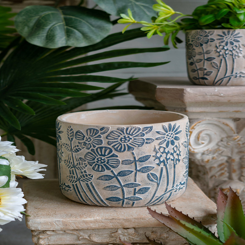 S / 2 pots à fleurs gris sable et ciment avec motif floral bleu