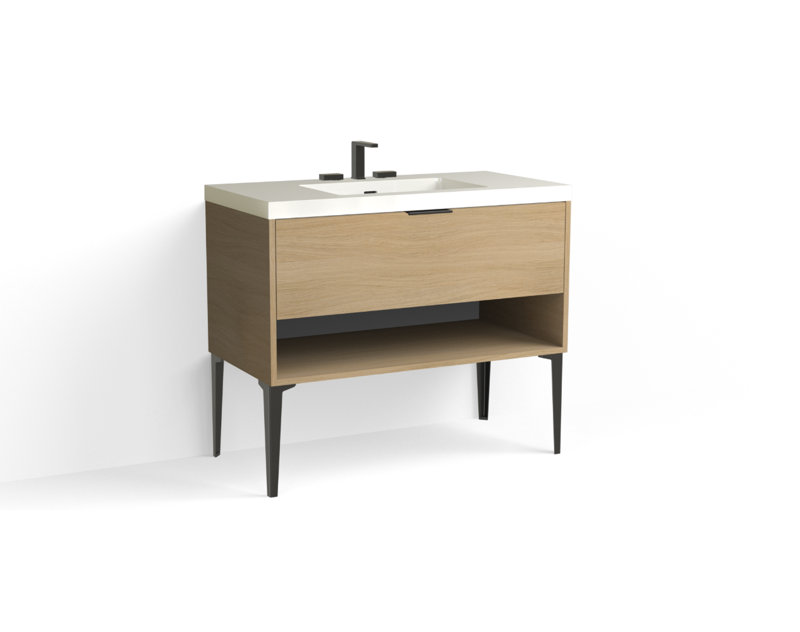 Modo 42" W Freestanding Single Bathroom Vanity with Dean Leg, Matte White/8" Widespread, Nocino, Polished Nickel