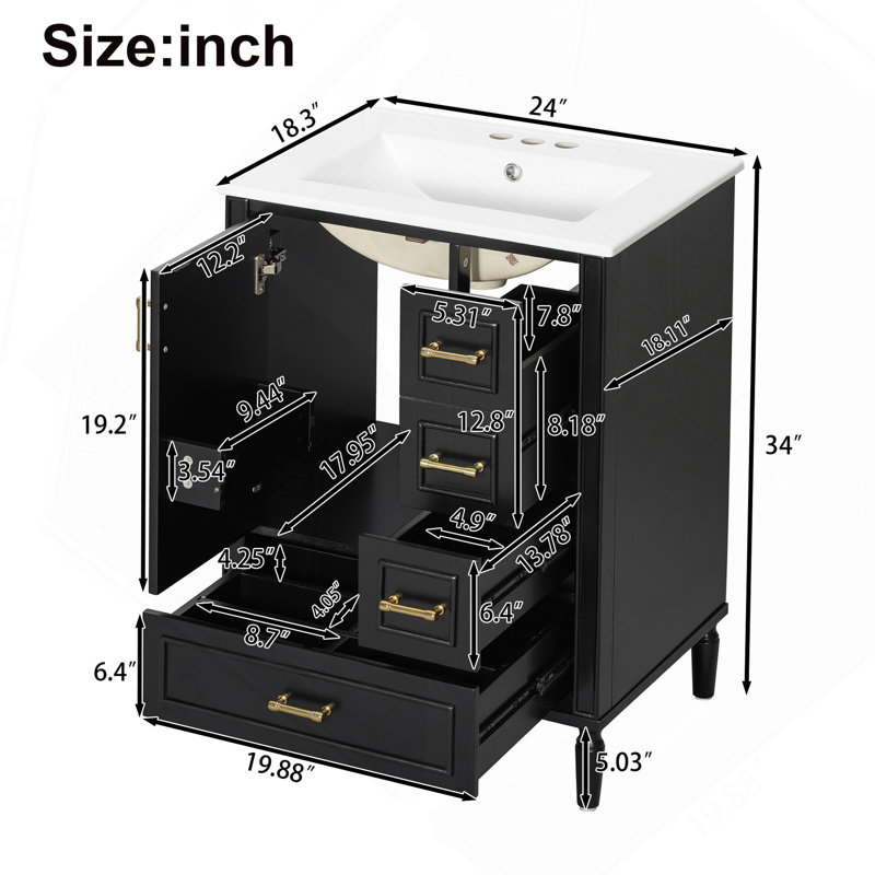 Évier en céramique de 24 po, porte à fermeture en douceur, 3 tiroirs, poignées dorées et support de porte pour un rangement peu encombrant