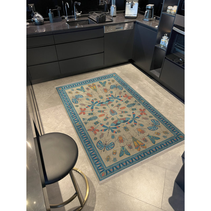 Tapis décoratif bleu-beige à motif de libellules et de papillons, Rectangle 3 pi 9,81 po x 4 pi 11,06 po