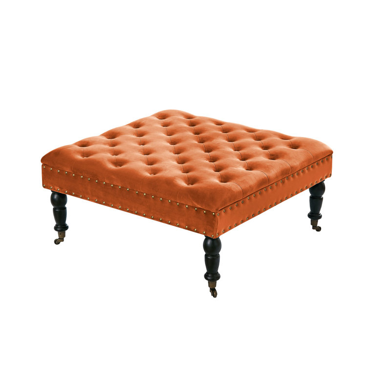 Repose-pieds capitonné en velours 33 po Leni, Orange brûlé
