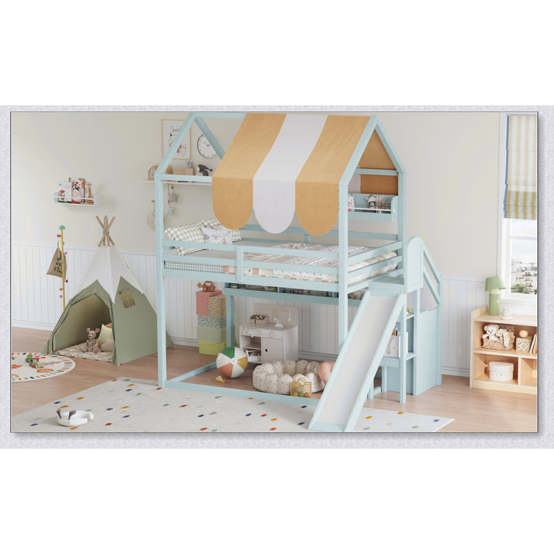 House Bed With Canopy, Slide & Built-In Bookshelves, Light Green