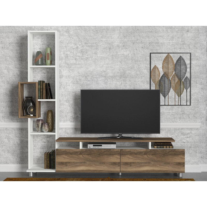 Meuble télé moderne avec bibliothèque, blanc et noyer, 63,0 po x 65,5 po x 11,6 po | 100% panneau de particules enduit de mélamine, épaisseur: 0,7 pouce | Conception murale, nombreuses tablettes, rangement supplémentaire pour un salon élégant