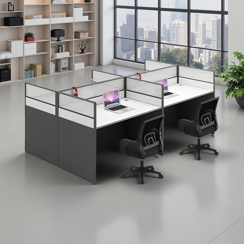 Rectangular Office Cubicle, Benching Workstation With Cable And Office Chair, 4, 43.3" H x 94.88" W x 47.24" D