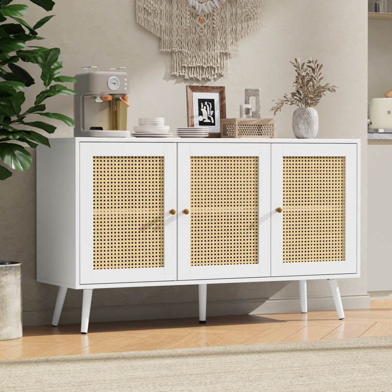 Armoire d'entrée moderne en rotin - Buffet 47,2 po avec tablettes réglables, 3 portes pour le rangement dans le couloir, la cuisine, la salle à manger ou le salon - meubles d'appoint Boho, blanc