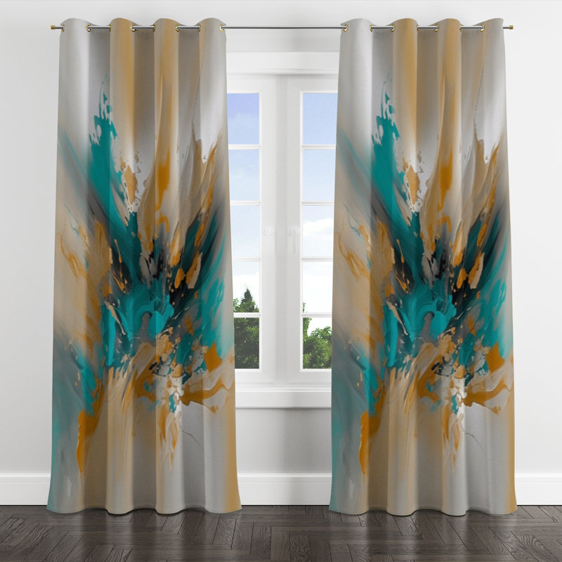Rideau à œillets en marbre jaune et turquoise avec œillets abstraits en marbre jaune et turquoise, L 52 po x L 120 po