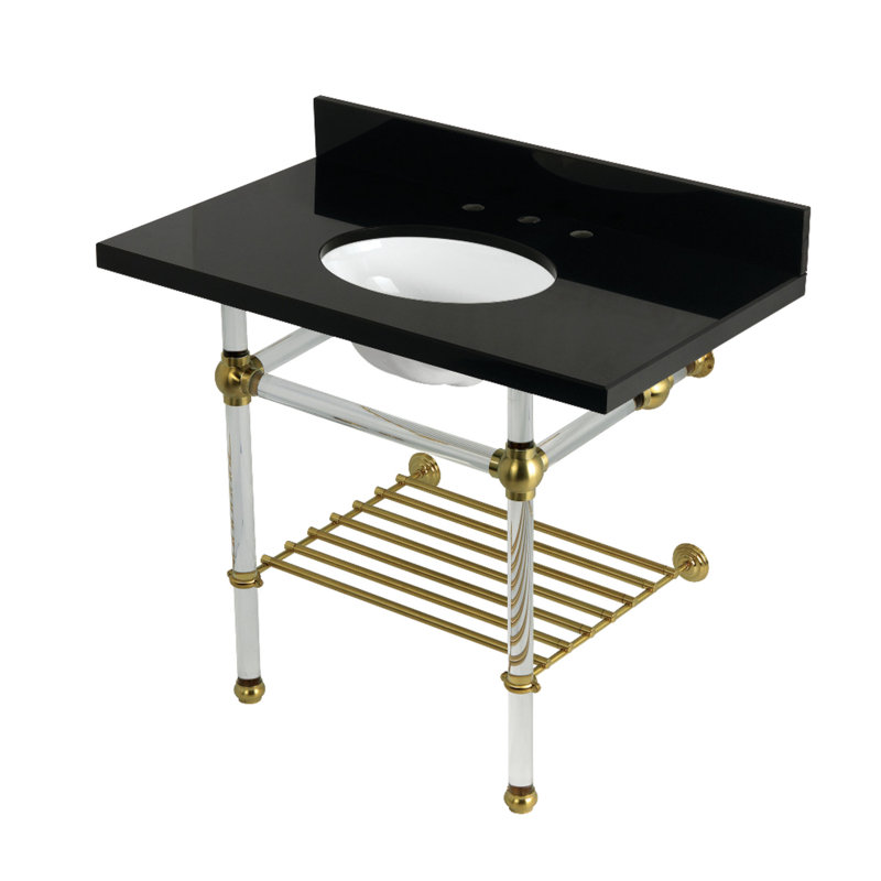 Kingston Brass Templeton 36-Inch Black Granite Console Sink with Acrylic Legs and Shelf (8-Inch, 3-Hole), Brushed Brass