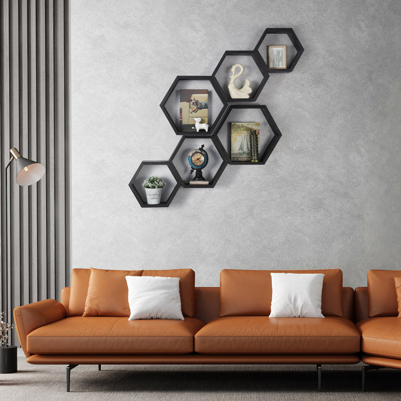 Emeria 3 Piece Hexagon Floating Shelf, Black