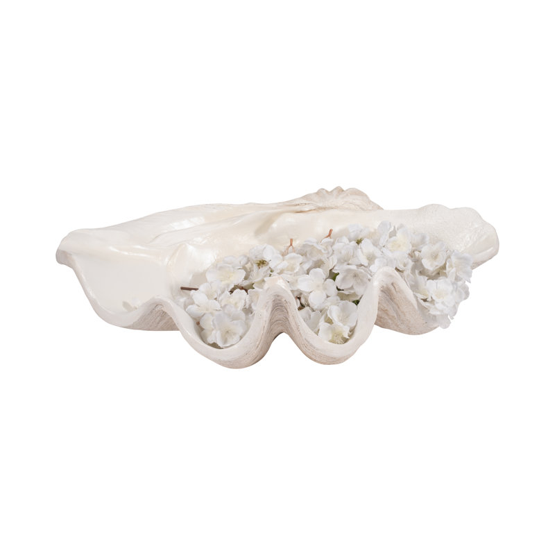 Bequette Resin Polyresin Coastal Decorative Clam Shell Bowl with Sculptural Wavy Rim - Elegant Modern Accent Bowl for Display or Storage - Stylish Textured Centerpiece for Home Decor