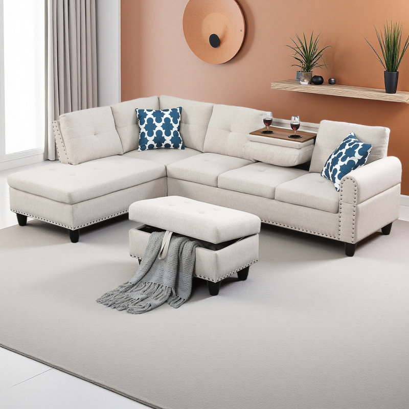 Rivet-Trimmed L-Shaped Sofa, Beige Linen