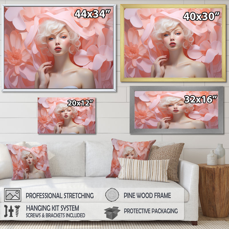 Cubisme rose pastel, femme, portrait III - mode, art mural, Cadre flottant doré, H 24 po x l 32 po x P 1 po