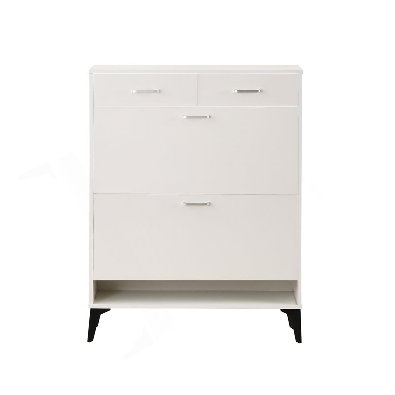 Large Size Shoe Cabinet,Free Standing Tipping Bucket Shoe Rack Organizer With 2 Flip Drawers&2 Drawer,Modern Tipping Bucket For Entryway, Hallway, Bedroom-White