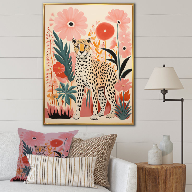Vert et rose léopard, élégance tropicale III - Art mural léopard, H 44 po x l 34 po x P 1,5 po, Cadre flottant doré